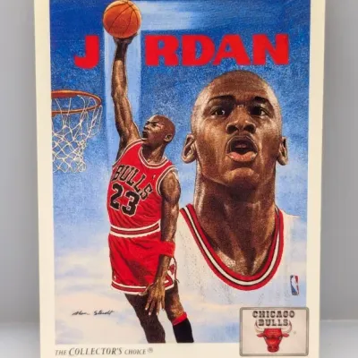 Sale Photo Thumbnail #815: 1993-94 Upper Deck Collector's Choice Michael Jordan basketball card featuring illustrated artwork by Alan Studt.