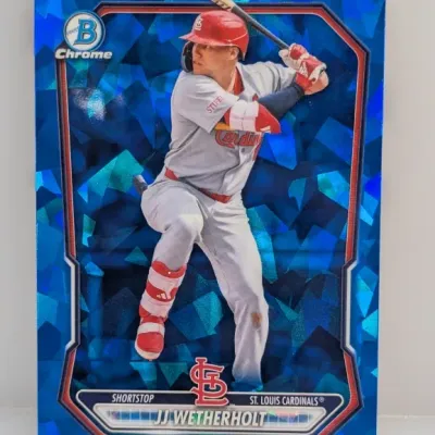 Sale Photo Thumbnail #30: Bowman Chrome JJ Wetherholt baseball trading card featuring a blue sapphire refractor border finish.