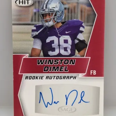 Sale Photo Thumbnail #183: SAGE HIT Winston Dimel rookie autograph football card featuring a blue ink sticker signature.