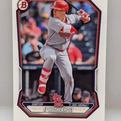 Sale Photo Thumbnail #901: Bowman baseball trading card featuring JJ Wetherholt of the St. Louis Cardinals, shown in a batting stance.