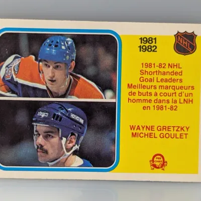 Sale Photo Thumbnail #515: 1982-83 O-Pee-Chee NHL hockey card #108 featuring Wayne Gretzky and Michel Goulet as Shorthanded Goal Leaders.