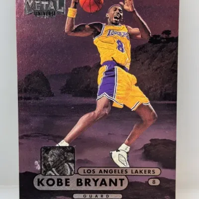 Sale Photo Thumbnail #380: 1997-98 Metal Universe Kobe Bryant #8 basketball trading card in Los Angeles Lakers uniform.