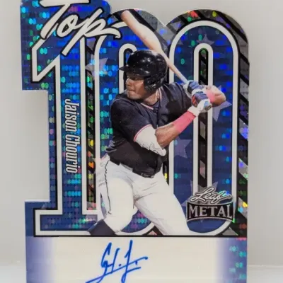 Sale Photo Thumbnail #318: Leaf Metal Top 100 die-cut trading card featuring Jaison Chourio with a blue refractor finish and an autographed bottom section.