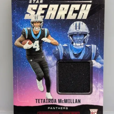 Sale Photo Thumbnail #23: Panini Rookies & Stars Star Search Tetairoa McMillan rookie card featuring an embedded jersey swatch.