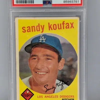 Sale Photo Thumbnail #275: PSA-graded 3 VG 1959 Topps Sandy Koufax baseball card #163 in protective plastic case.