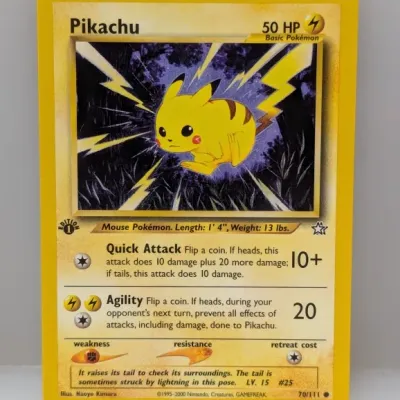 Sale Photo Thumbnail #677: 1st Edition Pikachu Pokémon trading card, Neo Genesis set 70/111, circa 2000.
