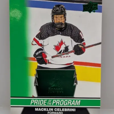 Sale Photo Thumbnail #238: Upper Deck Canada Juniors Macklin Celebrini 'Pride of the Program' green parallel hockey trading card.