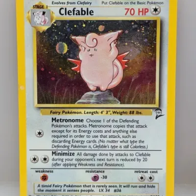 Sale Photo Thumbnail #798: Base Set 2 holographic Clefable Pokémon trading card (5/130), released in 2000.