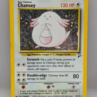 Sale Photo Thumbnail #801: Base Set 2 holographic Chansey Pokémon card (3/130), published by Wizards of the Coast in 2000.
