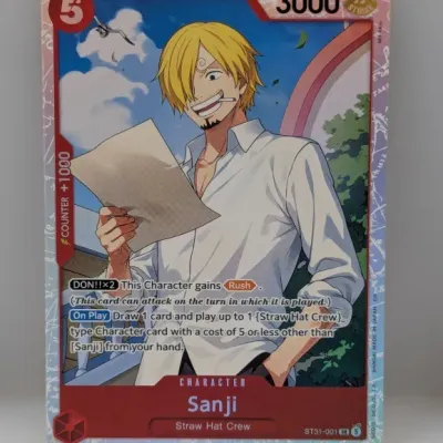 Sale Photo Thumbnail #829: Bandai One Piece Card Game Sanji character card, number ST31-001, featuring alternate full-art illustration in near-mint condition.