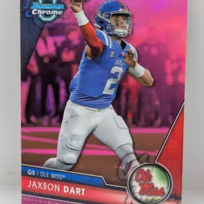 Sale Photo Thumbnail #502: Bowman Chrome University pink refractor trading card featuring Ole Miss quarterback Jaxson Dart in sharp condition.
