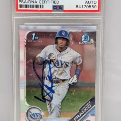 Sale Photo Thumbnail #70: Wander Franco Bowman 1st Chrome baseball trading card, autographed and certified authentic by PSA/DNA.