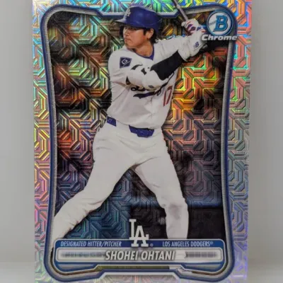 Sale Photo Thumbnail #189: Bowman Chrome Shohei Ohtani Los Angeles Dodgers baseball card featuring a mojo refractor foil design.