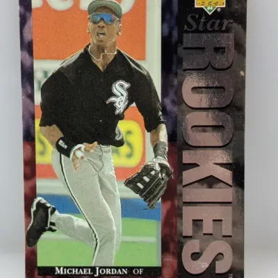 Sale Photo Thumbnail #422: 1994 Upper Deck Michael Jordan Star Rookies baseball trading card #19, depicting Jordan in a Chicago White Sox uniform.