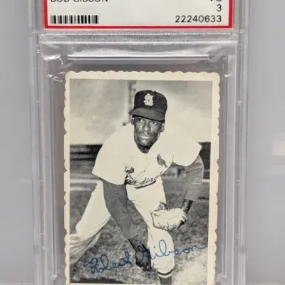 Sale Photo Thumbnail #57: PSA 3 VG graded 1969 Topps Deckle Edge #29 Bob Gibson baseball card in a protective slab.