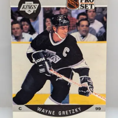 Sale Photo Thumbnail #510: 1990-91 Pro Set Wayne Gretzky #99 trading card, featuring the star center in his Los Angeles Kings uniform.