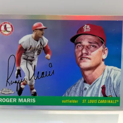 Sale Photo Thumbnail #247: Topps Chrome Roger Maris St. Louis Cardinals baseball card featuring a refractor finish and facsimile signature.