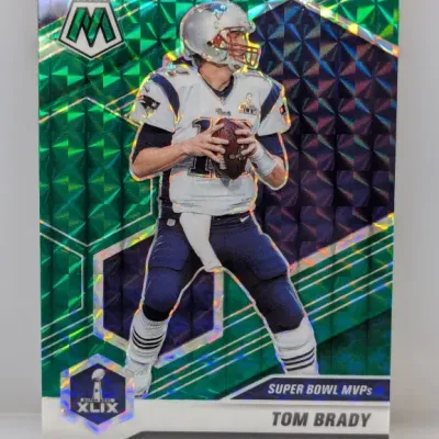Sale Photo Thumbnail #878: Panini Mosaic Tom Brady Super Bowl MVPs green reactive Prizm football card, featuring his Super Bowl XLIX victory with the New England Patriots.