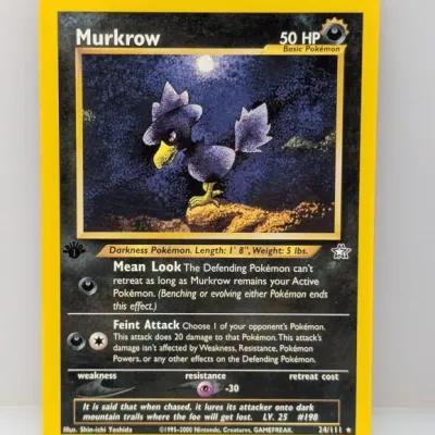 Sale Photo Thumbnail #819: 1st Edition Murkrow 24/111 Pokémon trading card from the Neo Genesis set, copyright 1995-2000.