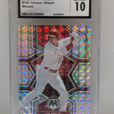 Sale Photo Thumbnail #159: CGC-graded Gem Mint 10 2022 Panini Mosaic #164 Shohei Ohtani Mosaic baseball card enclosed in a protective slab.
