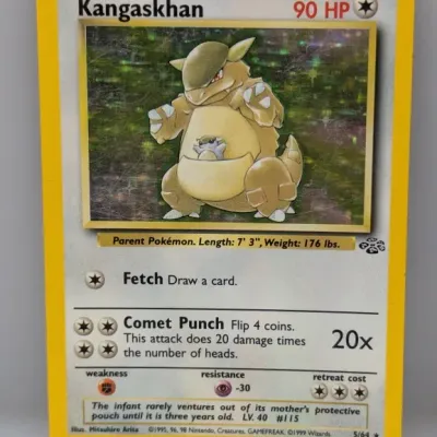 Sale Photo Thumbnail #218: 1999 Wizards of the Coast Pokémon Jungle set holographic Kangaskhan trading card (#5/64), featuring artwork by Mitsuhiro Arita.