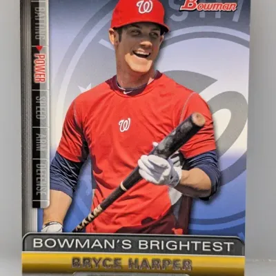 Sale Photo Thumbnail #544: 2011 Bowman's Brightest Bryce Harper baseball insert card featuring him in a Washington Nationals uniform, shown in clean condition.