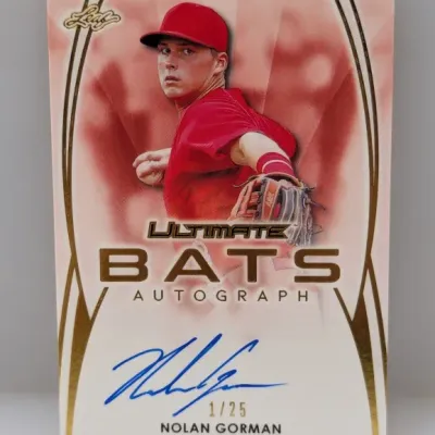Sale Photo Thumbnail #651: Leaf Ultimate Draft 'Ultimate Bats Autograph' card featuring Nolan Gorman, hand-numbered 1/25 with an on-card blue ink signature.