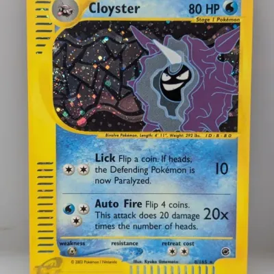Sale Photo Thumbnail #248: 2002 Pokémon Cloyster holographic trading card, Expedition Base Set #8/165, in good condition.