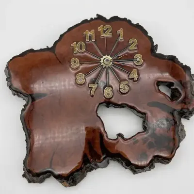 Vintage Live Edge Burl Wood Slab Wall Clock High Gloss Epoxy Resin Quartz 