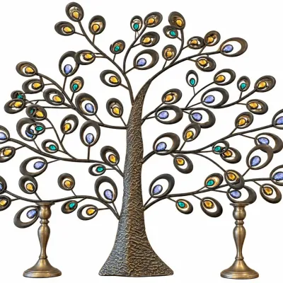 Large Bejeweled Wrought Iron Tree of Life Metal Wall Art Sculpture with Pewter Candle Holders