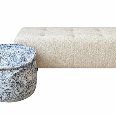 Upholstered Bench Pouf Footstool Ottoman Set