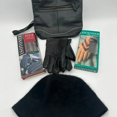 Born Black Leather Crossbody Purse Isotoner Gloves Angora Bucket Hat