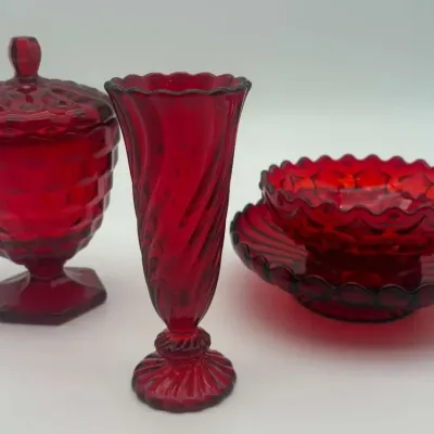 Ruby Red Glassware, Indiana Glass, Fenton Swirl Vase & Bowls