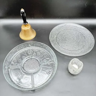Pressed Glassware Platter and Brass Handbell