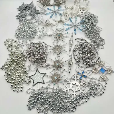 Silver & Blue Christmas Ornaments, Stars and Garland Beads