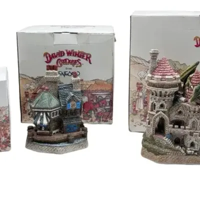 David Winter Enesco 1999 Cottages Stained Glass Studio Waterfront Market Dragon Castle