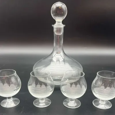 Etched Ship Glass Decanter & Footed Brandy Snifter Glasses Set