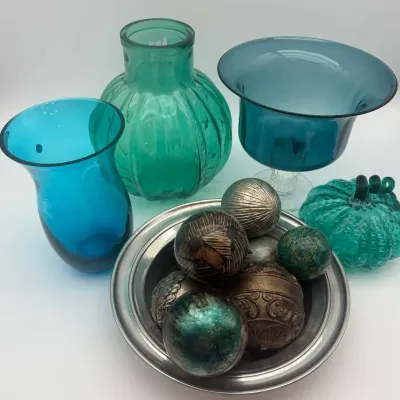 Italian Pewter, Yugoslavian Lead Crystal, Blue Teal Art Glass & Decor