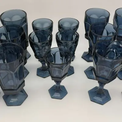 Fostoria Glass, Whitehall Riviera Blue Footed Goblets & Tumblers