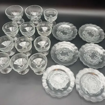 KIG Indonesia, Libbey Glass, Pressed Glass Dessert Plates & Footed Bowls