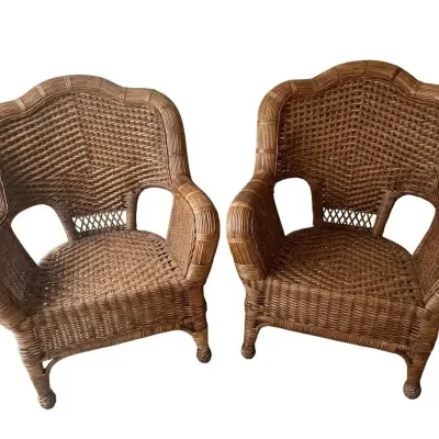 Vintage Wicker Rattan Armchairs High Back Accent Chairs Cushions Pair 