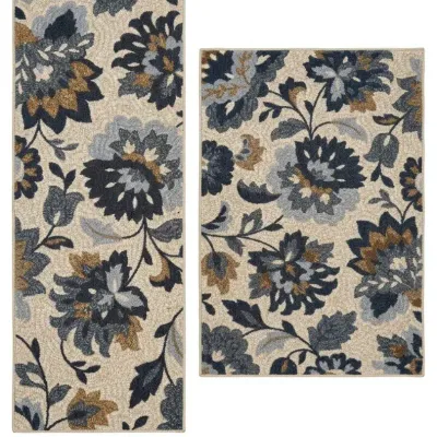 Floral Area Rug Runner Accent Mat Pair Blue Grey Beige 