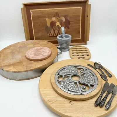 Vintage Wooden Cutting Board Inlay Tray Marble Mortar Pestle Terracotta Brown 