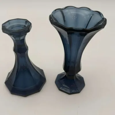 Vintage Fostoria Glass "Virginia" Dark Blue Candlestick & Scalloped Bud Vase Set