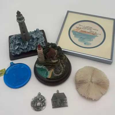 Thomas Kinkade lighthouse, Kitras Art Glass, Oneida Studios, Grunewald Pewter