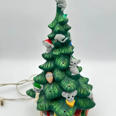 Ceramic Christmas Tree with Mice Figurines and Colored Bulbs