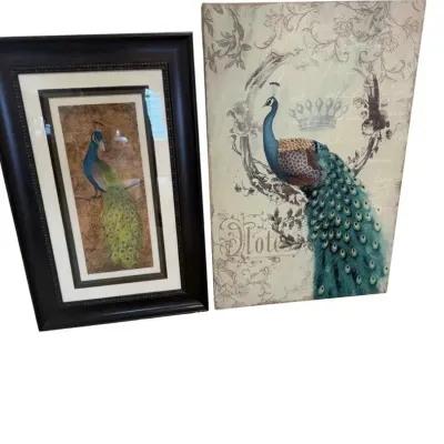 Old Time Pottery Peacock Wall Art Framed Print Canvas Pair 