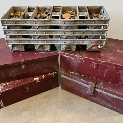  Heavy Metal Storage Boxes, Assorted Metal Parts & Organizer Trays
