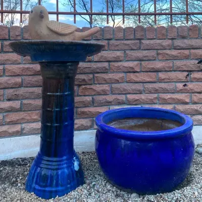 Blue Glazed Pot & Plant Stand 