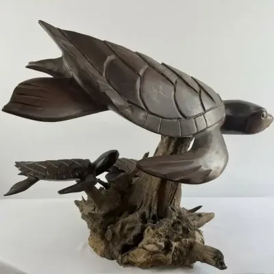  Hand-Carved Wooden Sea Turtle Family Sculpture